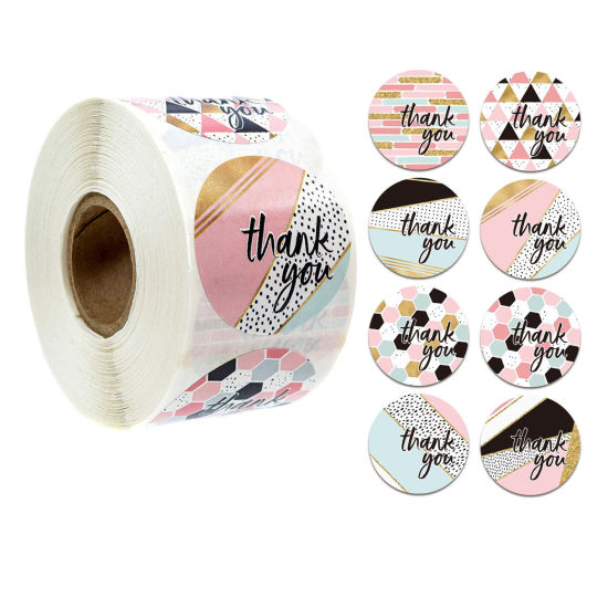 Picture of Paper DIY Scrapbook Deco Stickers Round Multicolor Geometric Pattern " THANK YOU " 2.5cm Dia., 1 Roll (Approx 500 PCs/Roll)