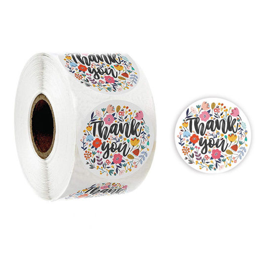 Изображение Paper DIY Scrapbook Deco Stickers Round Multicolor Flower Pattern " THANK YOU " 2.5cm Dia., 1 Roll (Approx 500 PCs/Roll)