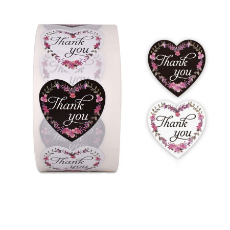 Paper DIY Scrapbook Deco Stickers Heart Multicolor Flower Pattern " THANK YOU " 2.5cm, 1 Roll (Approx 500 PCs/Roll) の画像