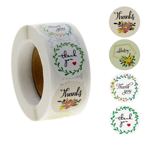 Изображение Paper DIY Scrapbook Deco Stickers Round Multicolor Flower Leaves Pattern " THANK YOU " 2.5cm Dia., 1 Roll (Approx 500 PCs/Roll)