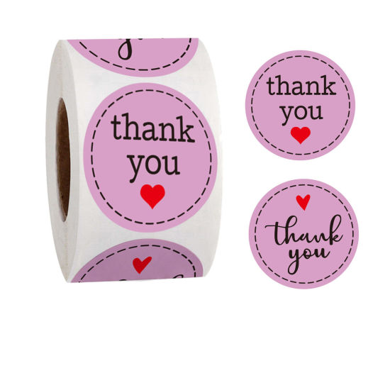 Изображение Paper DIY Scrapbook Deco Stickers Round Pale Lilac Heart Pattern " THANK YOU " 2.5cm Dia., 1 Roll (Approx 500 PCs/Roll)