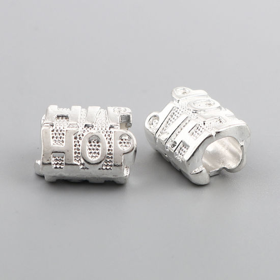 Immagine di Lega di Zinco Perline Argento Antico Cilindrico Lettere " HIP HOP " 14mm x 10mm, Foro:Circa 5.3mm, 30 Pz