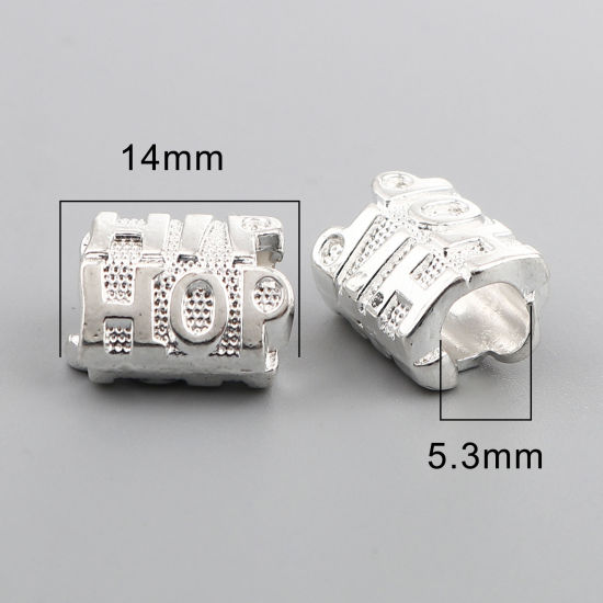 Immagine di Lega di Zinco Perline Argento Antico Cilindrico Lettere " HIP HOP " 14mm x 10mm, Foro:Circa 5.3mm, 30 Pz