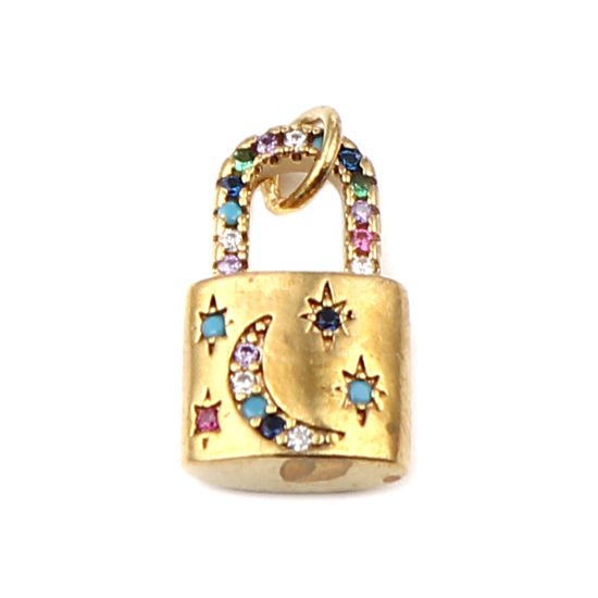 Picture of Brass Galaxy Charms 18K Real Gold Plated Lock Moon Micro Pave Multicolor Rhinestone 18mm x 10mm, 1 Piece