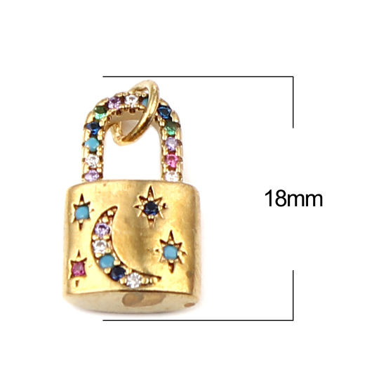 Picture of Brass Galaxy Charms 18K Real Gold Plated Lock Moon Micro Pave Multicolor Rhinestone 18mm x 10mm, 1 Piece