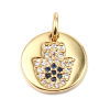 Picture of Brass Religious Charms Gold Plated Round Hamsa Symbol Hand Micro Pave Clear & Blue Rhinestone 14mm x 11mm, 1 Piece                                                                                                                                            