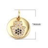 Picture of Brass Religious Charms Gold Plated Round Hamsa Symbol Hand Micro Pave Clear & Blue Rhinestone 14mm x 11mm, 1 Piece                                                                                                                                            