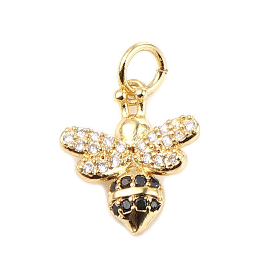 Picture of Brass Insect Charms Gold Plated Bee Animal Micro Pave Black & Clear Rhinestone 19mm x 12mm, 1 Piece                                                                                                                                                           