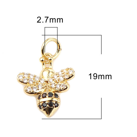 Picture of Brass Insect Charms Gold Plated Bee Animal Micro Pave Black & Clear Rhinestone 19mm x 12mm, 1 Piece                                                                                                                                                           