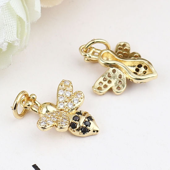 Picture of Brass Insect Charms Gold Plated Bee Animal Micro Pave Black & Clear Rhinestone 19mm x 12mm, 1 Piece                                                                                                                                                           