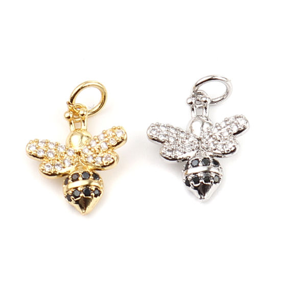 Picture of Brass Insect Charms Gold Plated Bee Animal Micro Pave Black & Clear Rhinestone 19mm x 12mm, 1 Piece                                                                                                                                                           