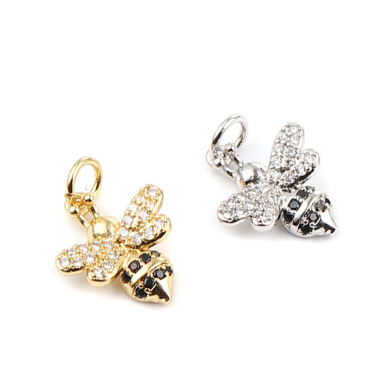 Picture of Brass Insect Charms Gold Plated Bee Animal Micro Pave Black & Clear Rhinestone 19mm x 12mm, 1 Piece                                                                                                                                                           