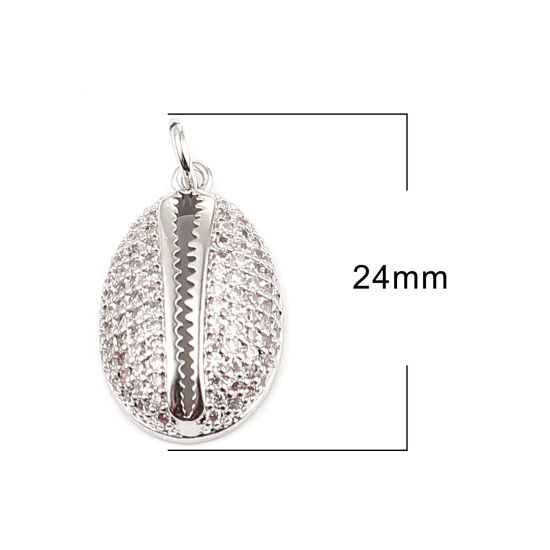 Picture of Brass Micro Pave Charms Silver Tone Shell Clear Rhinestone 24mm x 12mm, 1 Piece                                                                                                                                                                               