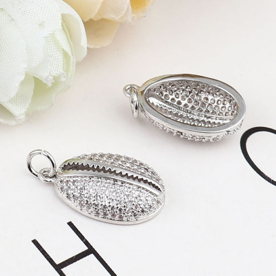 Picture of Brass Micro Pave Charms Silver Tone Shell Clear Rhinestone 24mm x 12mm, 1 Piece                                                                                                                                                                               