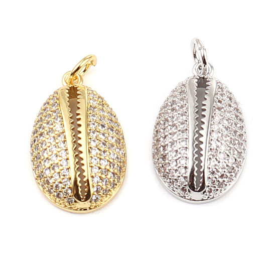 Picture of Brass Micro Pave Charms Silver Tone Shell Clear Rhinestone 24mm x 12mm, 1 Piece                                                                                                                                                                               