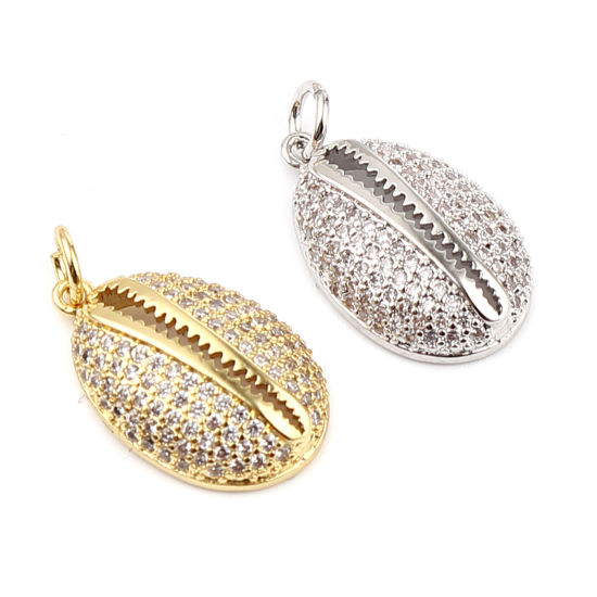 Picture of Brass Micro Pave Charms Silver Tone Shell Clear Rhinestone 24mm x 12mm, 1 Piece                                                                                                                                                                               