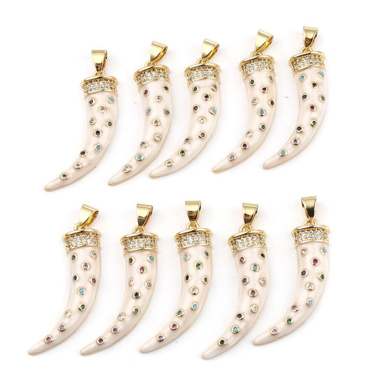 Immagine di Ottone Micro Intarsio Ciondoli Oro Placcato Bianco Sporco Forma di Corno Smalto Multicolore Strass 32mm x 19mm, 1 Pz