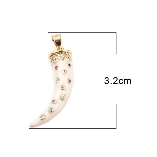 Immagine di Ottone Micro Intarsio Ciondoli Oro Placcato Bianco Sporco Forma di Corno Smalto Multicolore Strass 32mm x 19mm, 1 Pz