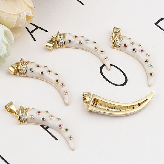 Immagine di Ottone Micro Intarsio Ciondoli Oro Placcato Bianco Sporco Forma di Corno Smalto Multicolore Strass 32mm x 19mm, 1 Pz