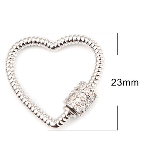 Picture of Brass Screw Clasps Necklace Bracelet Findings Heart Silver Tone Can Be Screwed Off Clear Rhinestone 23mm x 23mm, 1 Piece