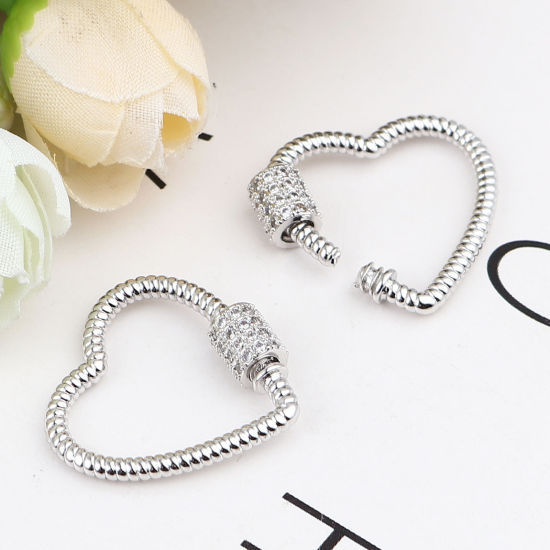 Picture of Brass Screw Clasps Necklace Bracelet Findings Heart Silver Tone Can Be Screwed Off Clear Rhinestone 23mm x 23mm, 1 Piece