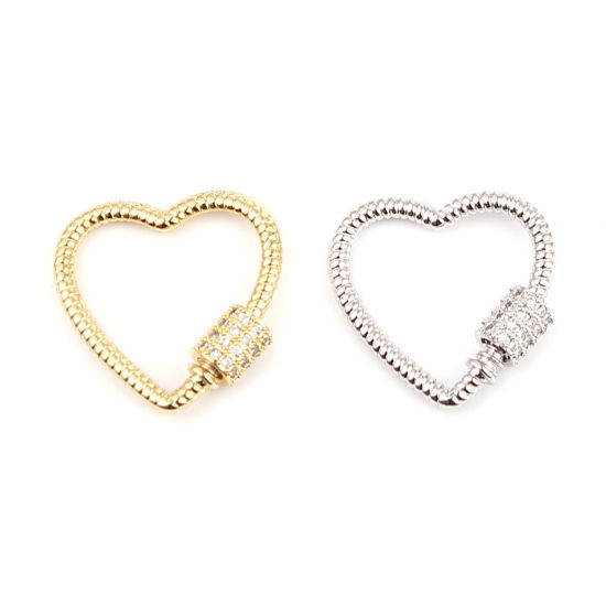 Picture of Brass Screw Clasps Necklace Bracelet Findings Heart Silver Tone Can Be Screwed Off Clear Rhinestone 23mm x 23mm, 1 Piece