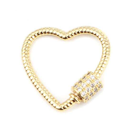 Picture of Brass Screw Clasps Necklace Bracelet Findings Heart Gold Plated Can Be Screwed Off Clear Rhinestone 23mm x 23mm, 1 Piece