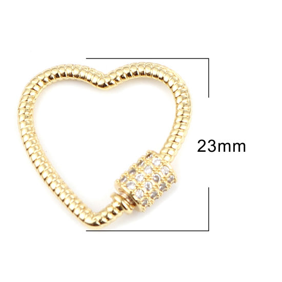 Picture of Brass Screw Clasps Necklace Bracelet Findings Heart Gold Plated Can Be Screwed Off Clear Rhinestone 23mm x 23mm, 1 Piece