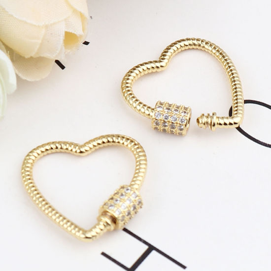 Picture of Brass Screw Clasps Necklace Bracelet Findings Heart Gold Plated Can Be Screwed Off Clear Rhinestone 23mm x 23mm, 1 Piece