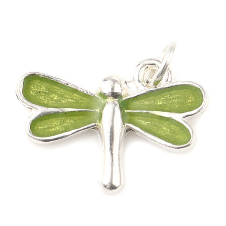 Zinc Based Alloy Insect Charms Silver Plated Green Dragonfly Animal Enamel 19mm x 13mm, 10 PCs