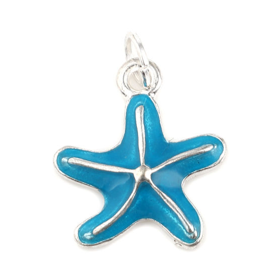 Picture of Zinc Based Alloy Ocean Jewelry Charms Star Fish Silver Plated Blue Enamel 21mm x 16mm, 10 PCs