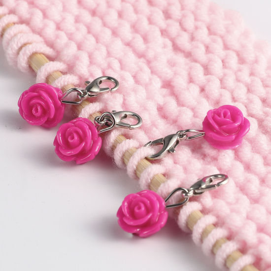 Picture of Plastic Knitting Stitch Markers Rose Flower Fuchsia 12 PCs