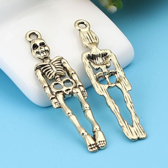 Immagine di Lega di Zinco Halloween Ciondoli Scheletro Oro Antico 39mm x 9mm , 10 Pz