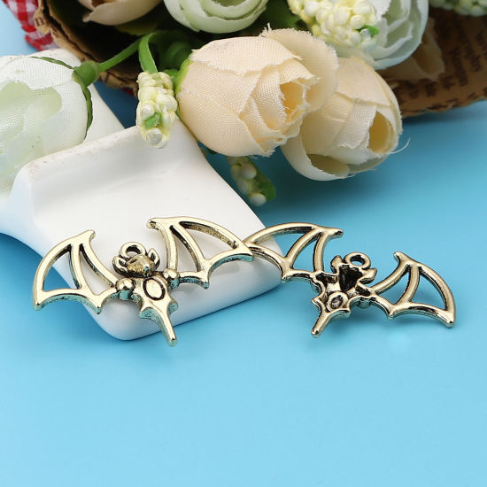 Picture of Zinc Based Alloy Pendants Halloween Bat Animal Gold Tone Antique Gold 33mm x 23mm, 10 PCs