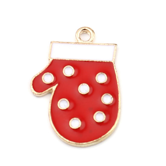 Immagine di Lega di Zinco Charms Guanti di Natale Oro Placcato Bianco & Rosso Smalto 23mm x 16mm , 10 Pz