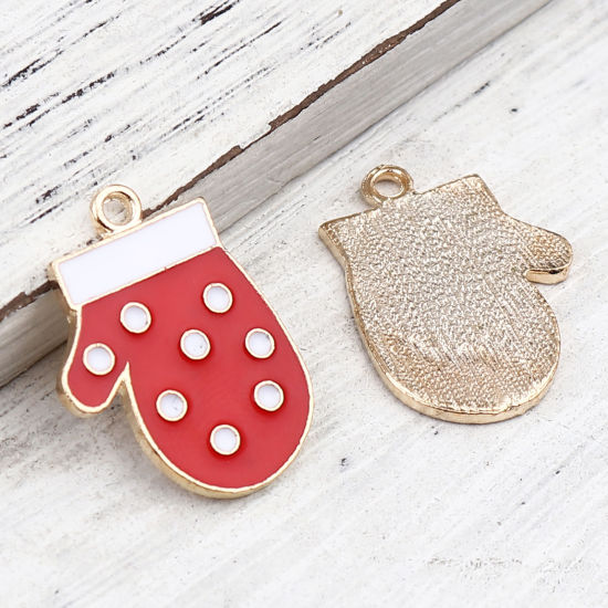 Immagine di Lega di Zinco Charms Guanti di Natale Oro Placcato Bianco & Rosso Smalto 23mm x 16mm , 10 Pz