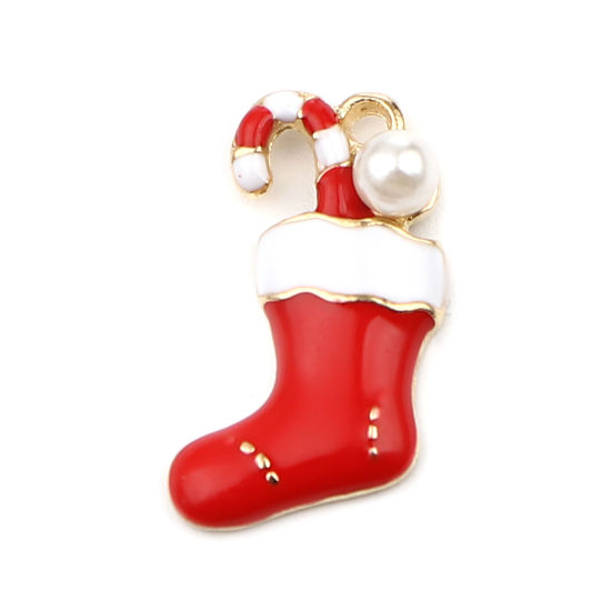 Immagine di Lega di Zinca + Acrilato Charms Natale Santa stivali Oro Placcato Bianco & Rosso Imitata Perla 19mm x 11mm , 10 Pz