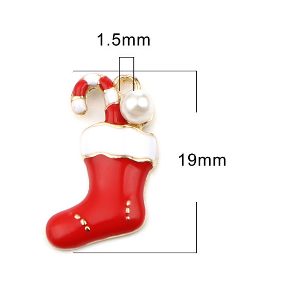 Immagine di Lega di Zinca + Acrilato Charms Natale Santa stivali Oro Placcato Bianco & Rosso Imitata Perla 19mm x 11mm , 10 Pz
