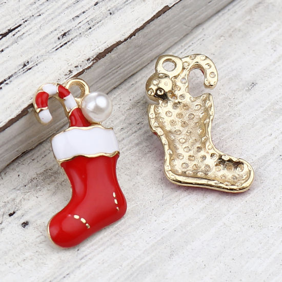 Immagine di Lega di Zinca + Acrilato Charms Natale Santa stivali Oro Placcato Bianco & Rosso Imitata Perla 19mm x 11mm , 10 Pz