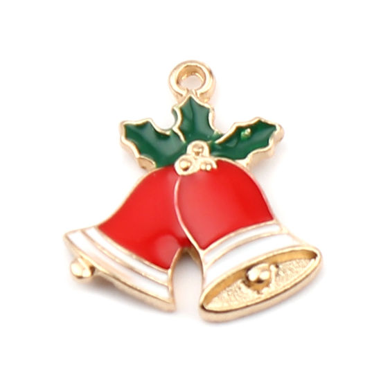 Immagine di Lega di Zinco Charms Natale Jingling Campanello Oro Placcato Rosso & Verde Smalto 21mm x 19mm , 10 Pz