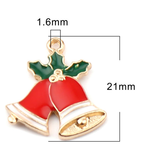 Immagine di Lega di Zinco Charms Natale Jingling Campanello Oro Placcato Rosso & Verde Smalto 21mm x 19mm , 10 Pz