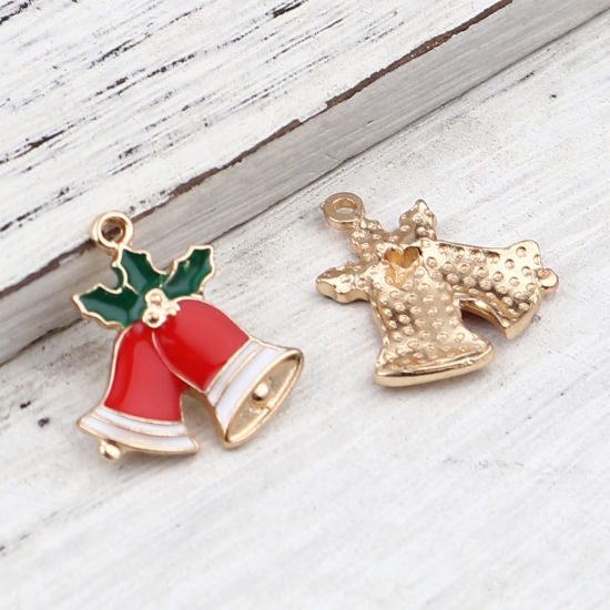 Immagine di Lega di Zinco Charms Natale Jingling Campanello Oro Placcato Rosso & Verde Smalto 21mm x 19mm , 10 Pz