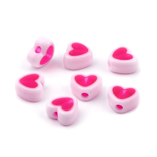 Picture of Acrylic Beads Heart White & Fuchsia About 8mm x 7mm, Hole: Approx 1.8mm, 200 PCs