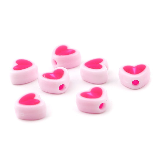 Picture of Acrylic Beads Heart White & Fuchsia About 8mm x 7mm, Hole: Approx 1.8mm, 200 PCs