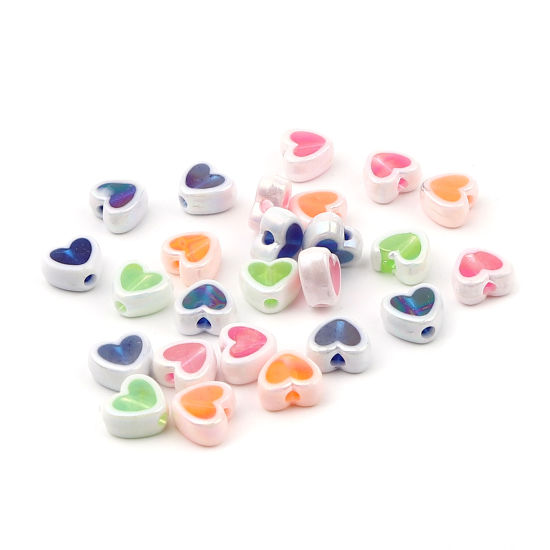 Picture of Acrylic Beads Heart At Random Color Mixed AB Rainbow Color Plating About 8mm x 7mm, Hole: Approx 1.8mm, 200 PCs