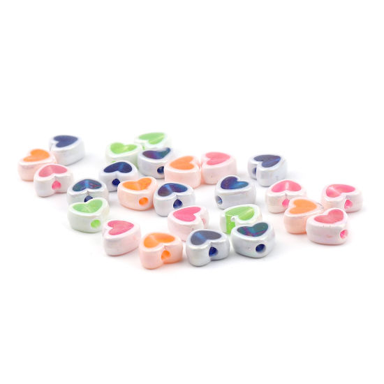 Picture of Acrylic Beads Heart At Random Color Mixed AB Rainbow Color Plating About 8mm x 7mm, Hole: Approx 1.8mm, 200 PCs