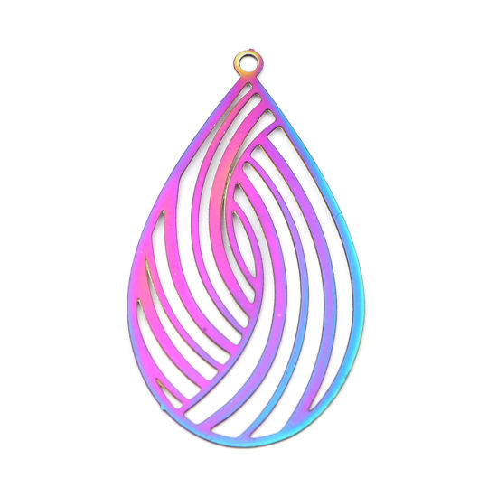 Imagen de Acero Inoxidable Filigrana Estampación Colgantes Gota AB Multicolor Filigrana Revestimiento 32mm x 18mm, 10 Unidades