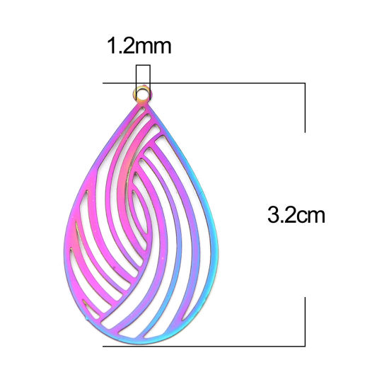 Imagen de Acero Inoxidable Filigrana Estampación Colgantes Gota AB Multicolor Filigrana Revestimiento 32mm x 18mm, 10 Unidades