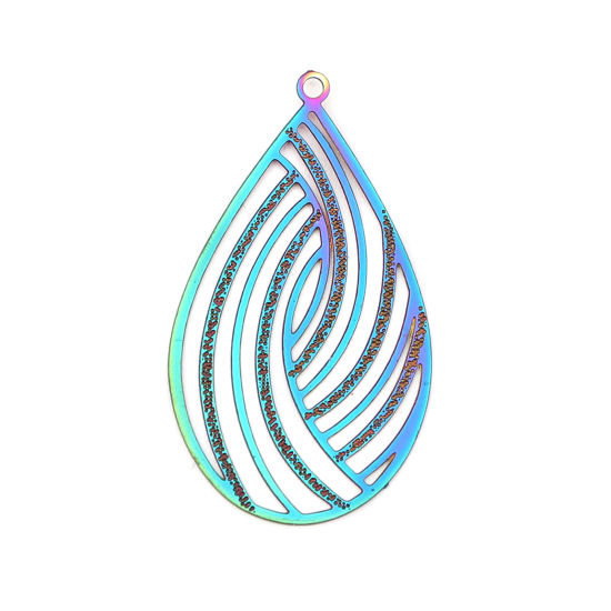 Imagen de Acero Inoxidable Filigrana Estampación Colgantes Gota AB Multicolor Filigrana Revestimiento 32mm x 18mm, 10 Unidades