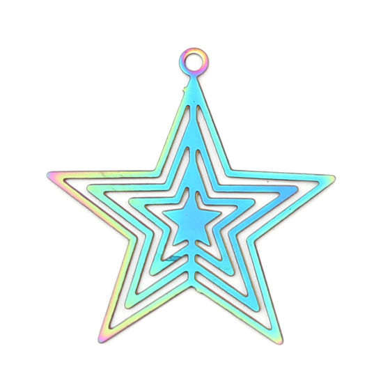 Imagen de Acero Inoxidable Filigrana Estampación Colgantes Charms Estrellas de cinco puntos AB Multicolor Revestimiento 23mm x 22mm, 10 Unidades
